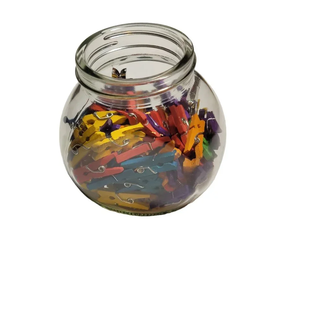 Jug of Multi-Colored Small, Med. Large Wooden Beads & Small Colored Clothespins